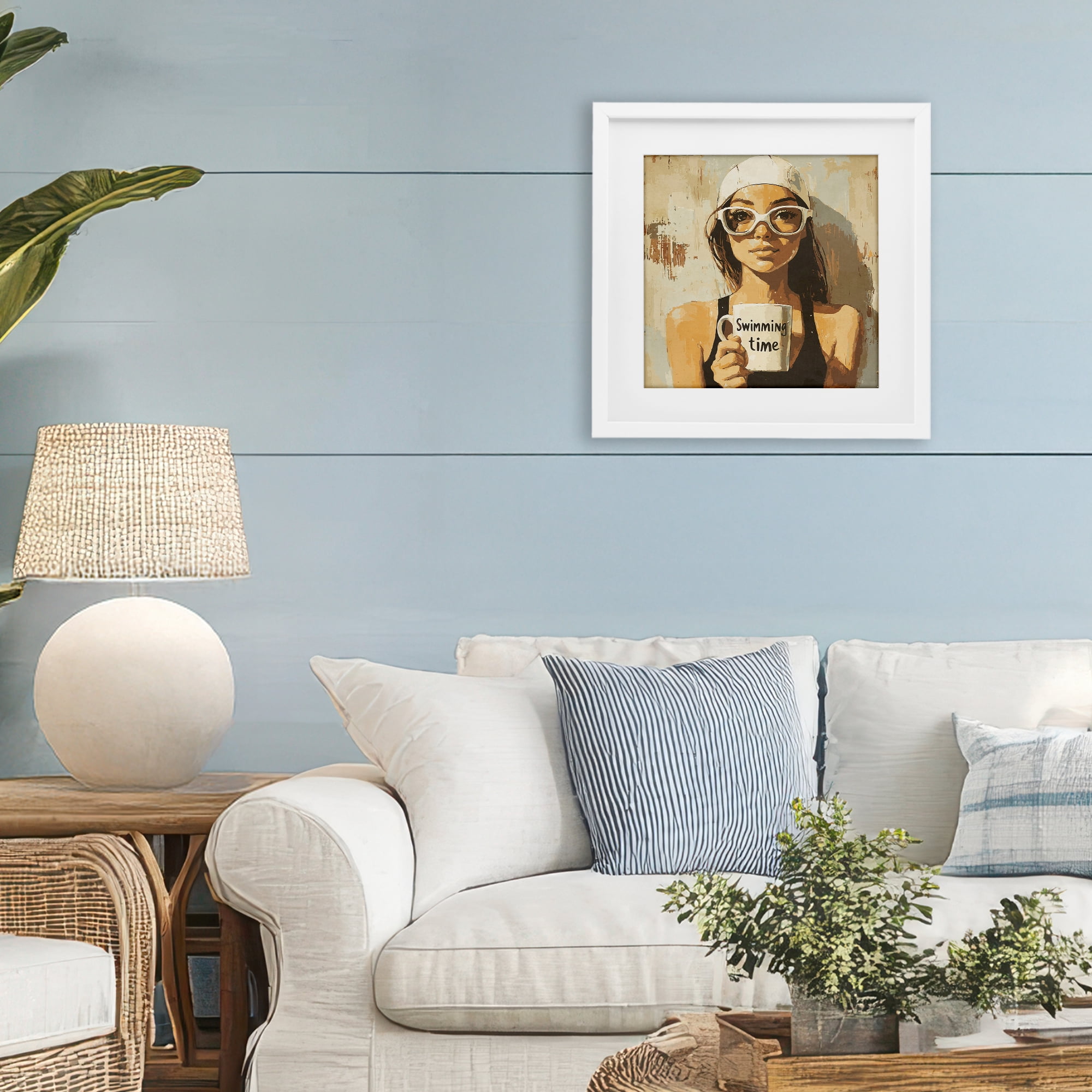 Stupell Industries Swimming Mug Girl White Framed Print Under Glass, design by Layla Oz