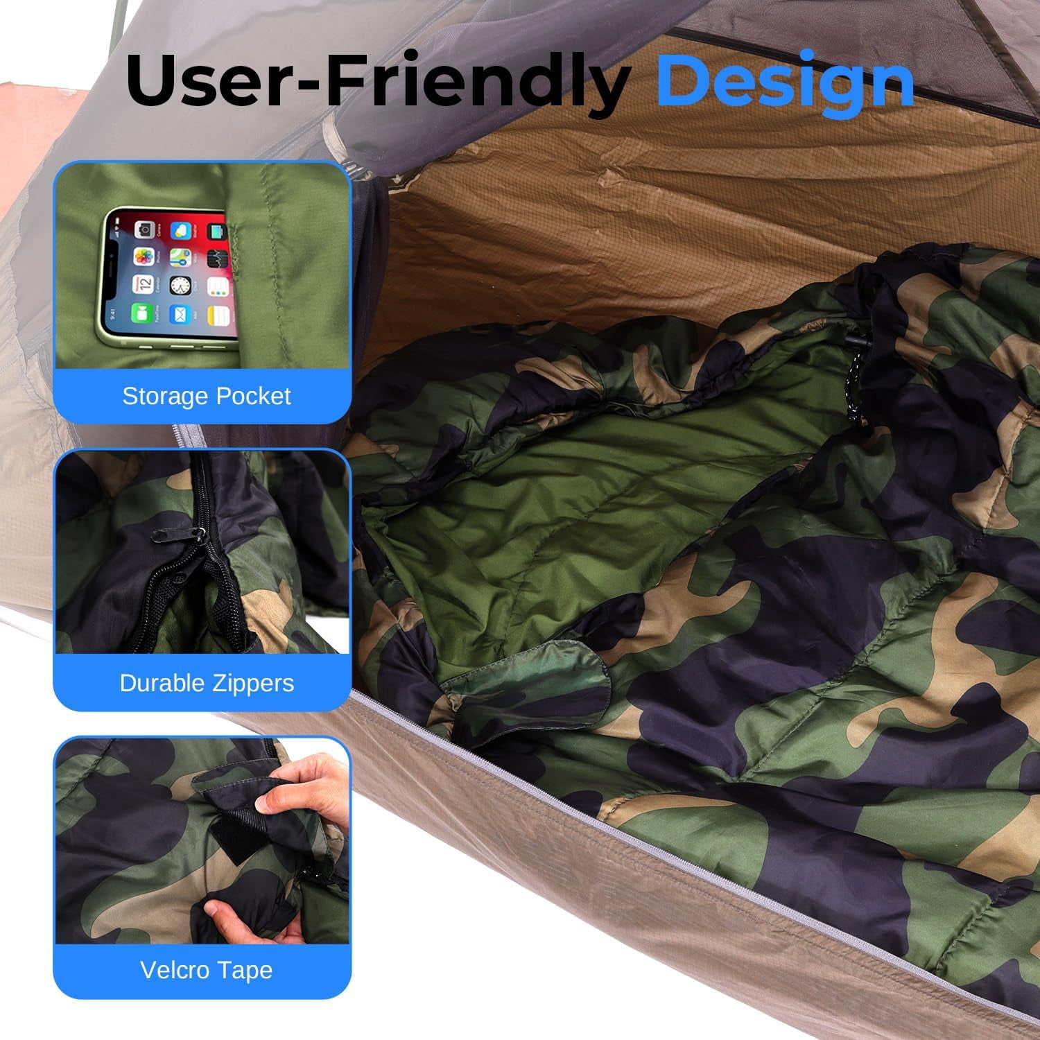 0 Degree Mummy Sleeping Bag – Military-Style, Lightweight & Waterproof for Extreme Cold, Stays Warm in 5–10°F, No-Snag Zipper, Compact Carry Bag & Travel Pillow for Camping & Backpacking