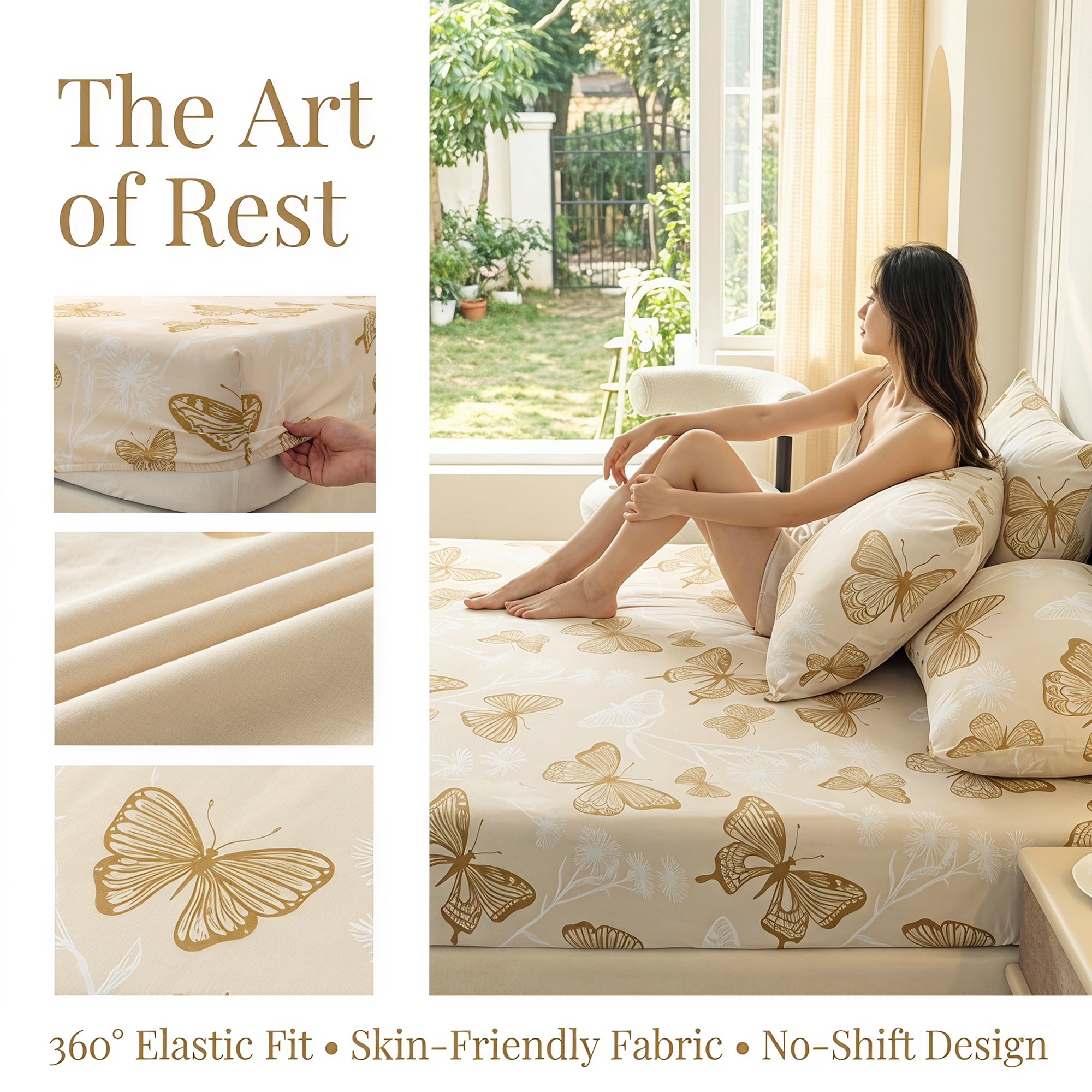 Unique Bargains Fitted Sheet Butterfly Pattern Microfiber Bed Sheets Beige 78.0"x79.9"