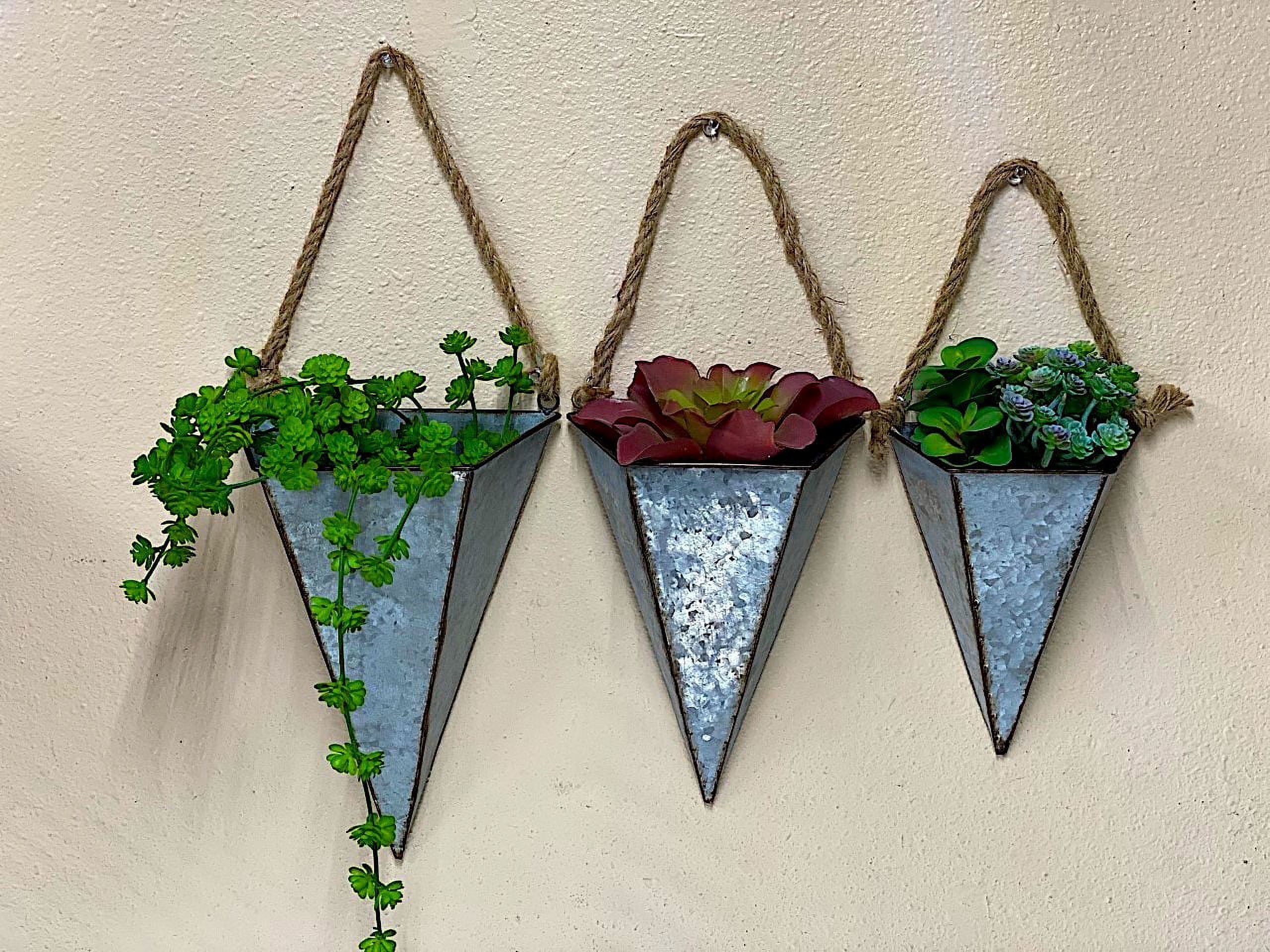 S/3 Hanging Metal Planters Galvanized Pockets W Ropes Cone Shape Modern Urban Rustic Industrial Indoor Outdoor
