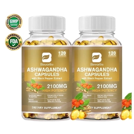 (2 Pack)2100mg Ashwagandha Extract Supplement - Stress & Immune Support - GMO Free & Vegan - 120 Capsules