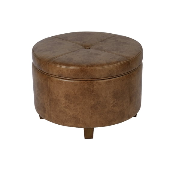 Benjara Soni Round Storage Ottoman- 24" Brown Faux Leather- Wood Legs