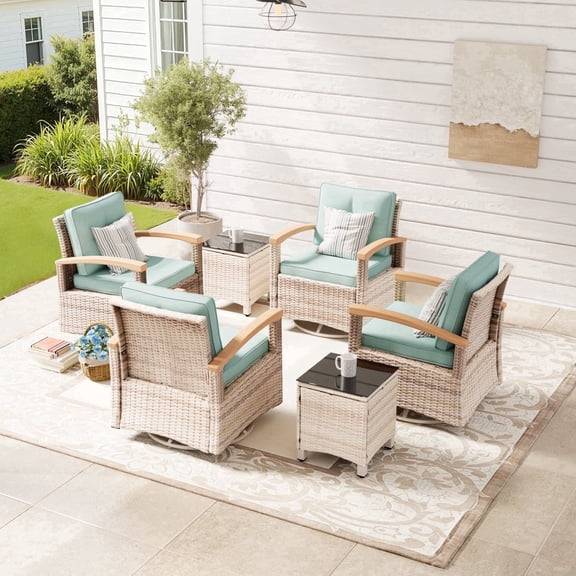 MEISSALIVVE 6 Pieces Patio Furniture Sets, Wicker Patio Conversation Sets with 4 Wood Armrests Swivel Glide Chairs，Outdoor Conversation Set for Deck Yard and Poolside (Blue)