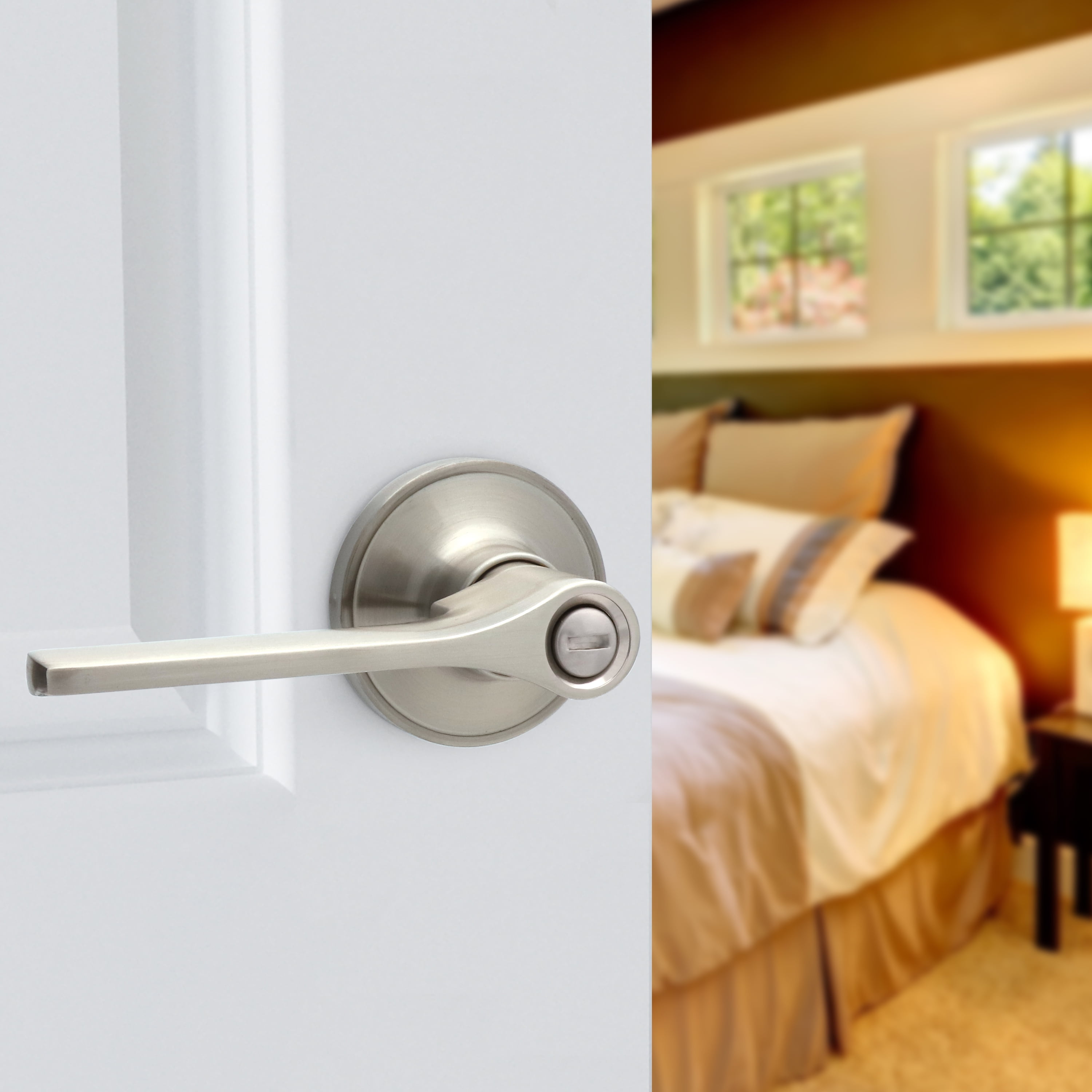 (2 pack) Hyper Tough Satin Nickel Privacy Door Lever with Round Rosette Model 1753102