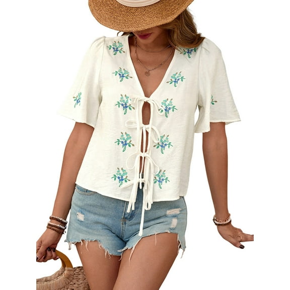 Women'S Tie Front Cardigan Short Sleeve Crochet Knit Color Block Summer Sweater Tops Apricot L