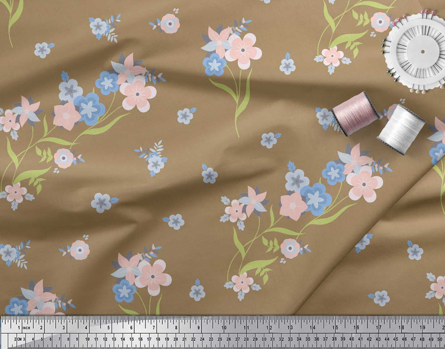  Soimoi Blue Poly Crepe Fabric Leaves & Periwinkle Floral Print  Fabric by The Yard 52 Inch Wide : Everything Else