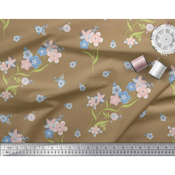 Soimoi Cotton Jersey Fabric Leaves & Periwinkle Floral Print Fabric by the Yard 58 Inch Wide