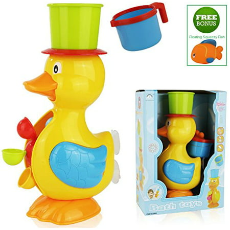 FUNERICA Big Duck Bath Toy for Toddler/Baby/Kids Ages 1 - 6. Bright Colors - Interactive and Fun - Educational Bathtub Toy for Girls & Boys! Included Bonus: Little Water-squirting