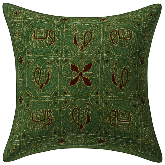 Stylo Culture Indian Sofa Throw Pillow Cover 16 x 16 Sequins Gold Thread Embroidered Green Ethnic 40x40 cm Home Decor Cotton Elephant Square Cushion Cover | 1 Pc