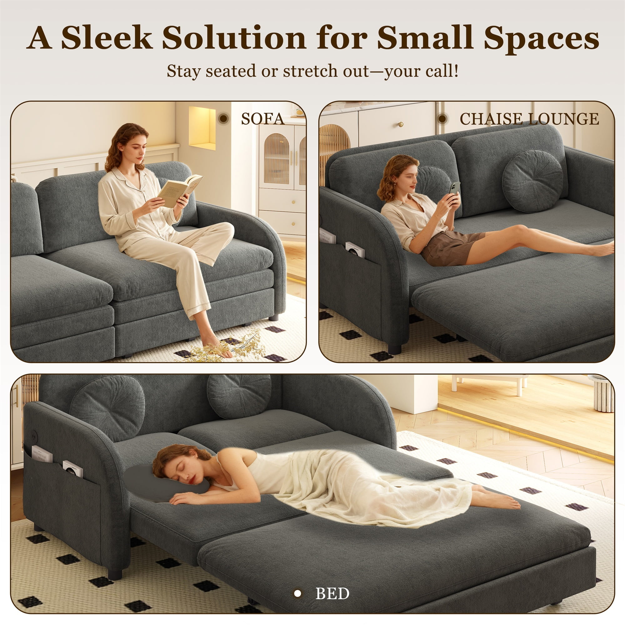 Alvantor 52" W Convertible Sleeper Sofa Bed Chenille Pull Out Loveseat with Side Pocket & USB Port & Pillows for living room, Apartment, Gray