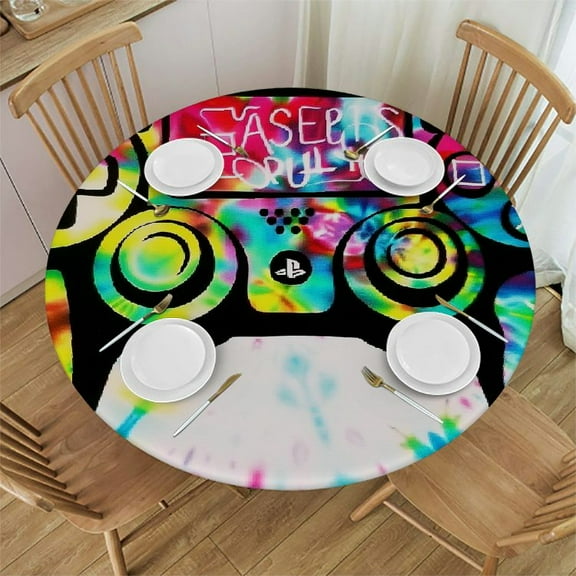 Sheronv Tie Dye Pattern Round Tablecloth 100% Polyester Outdoor Fitted - Stain-Resistant and Washable - Ideal for Indoor and Outdoor Use - Full Width Single-Sided Printing 31"-35