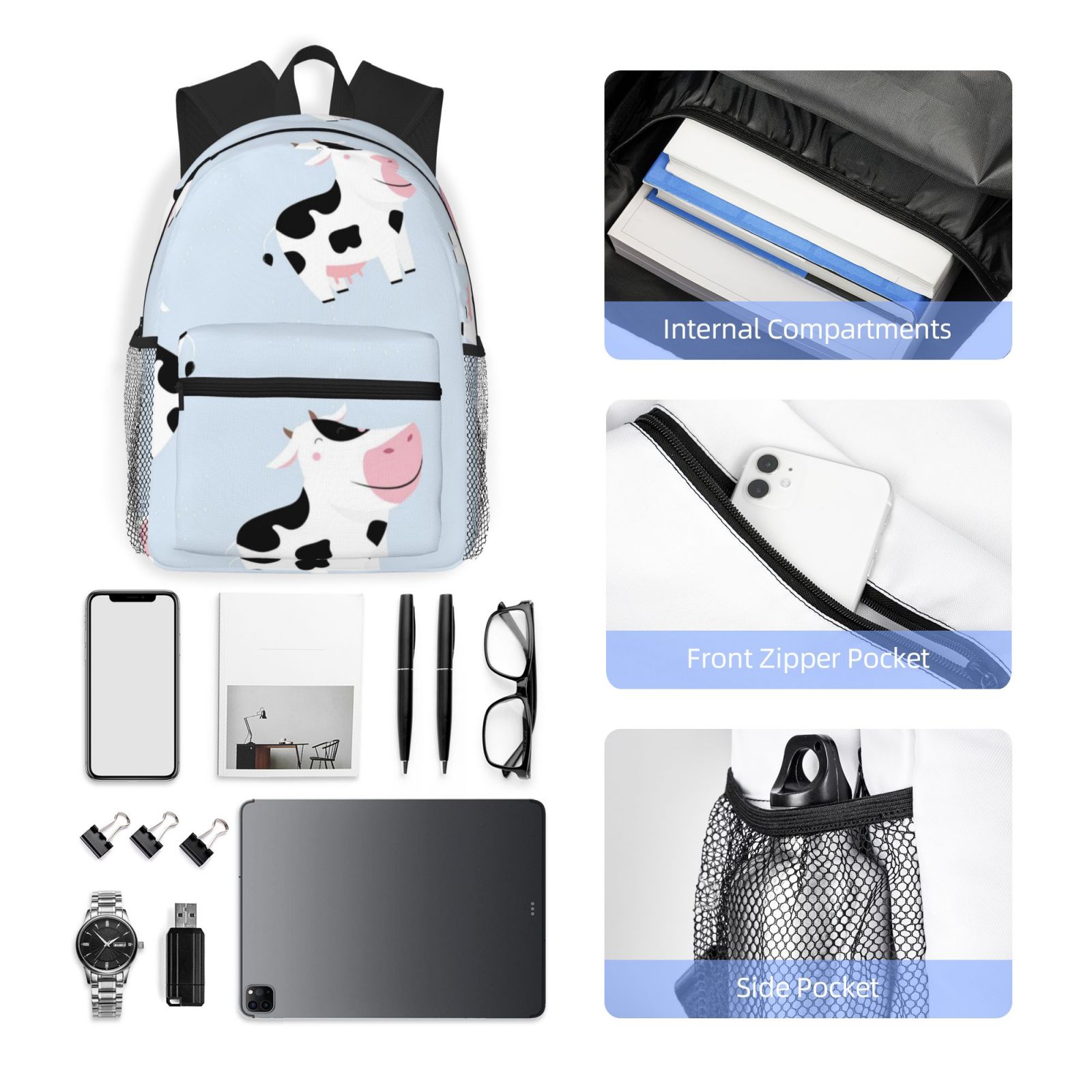 Vsdgher Cute Farm Cow Print Unisex Large Capacity Bookbag Schoolbag Casual Daypack for High School/College/Teens/Travel/Work