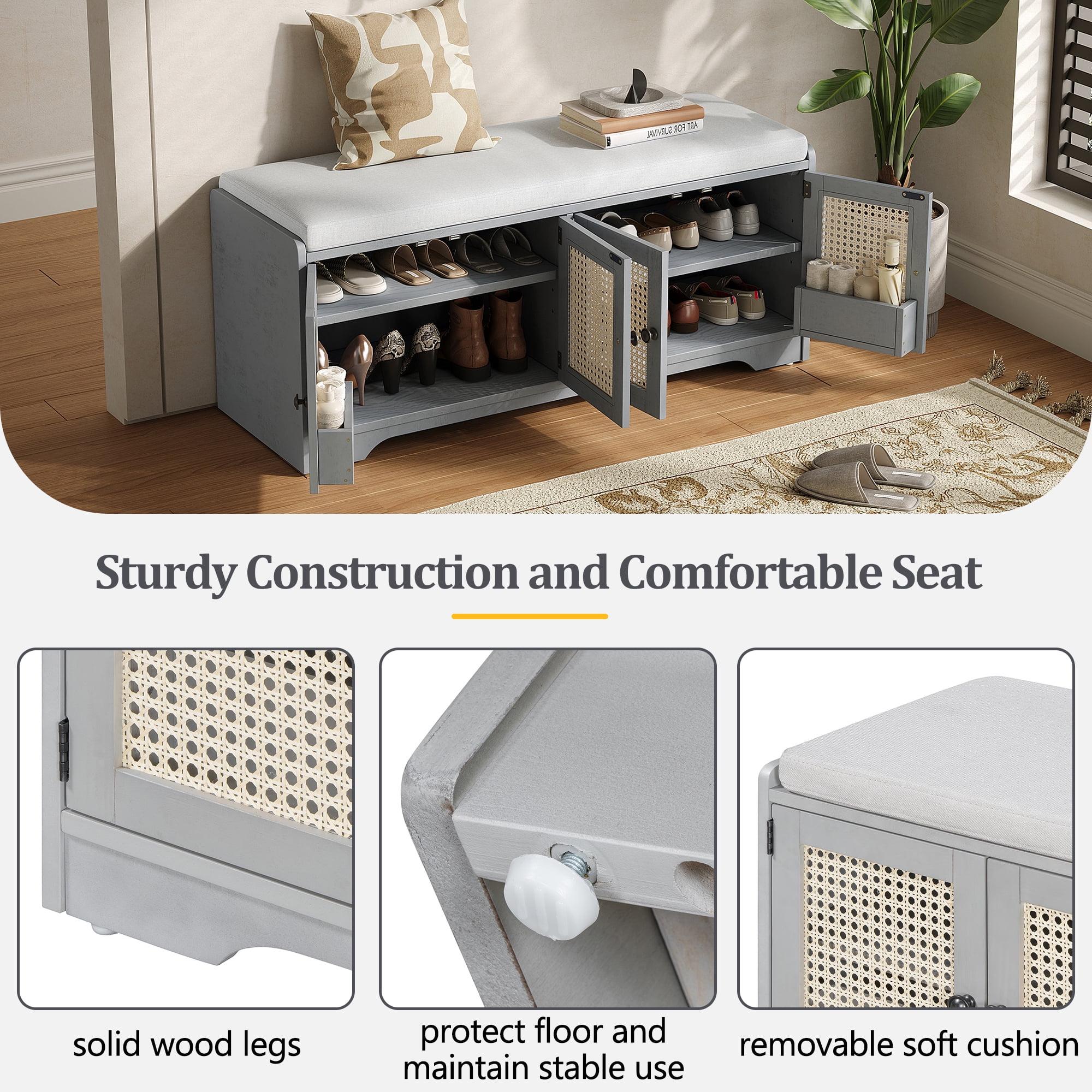 Euroco Multifunctional Storage Bench, Wood with Woven Rattan Doors, Gray