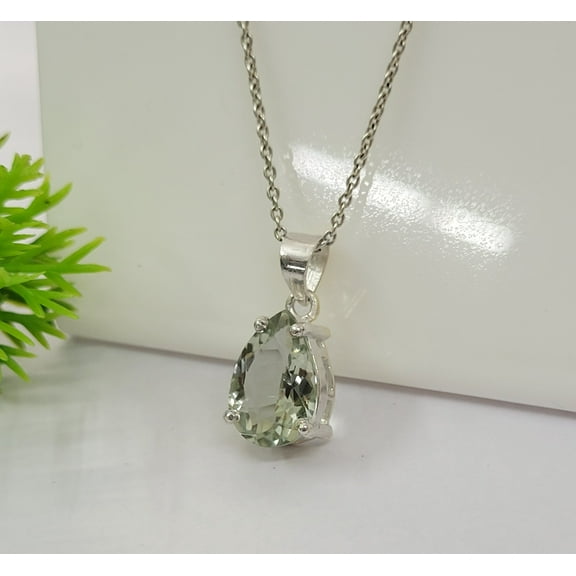 Delicate Green Amethyst Pendant 925 Sterling Silver-Natural Necklace Set-February Birthstone Pendent- Vintage Pendant