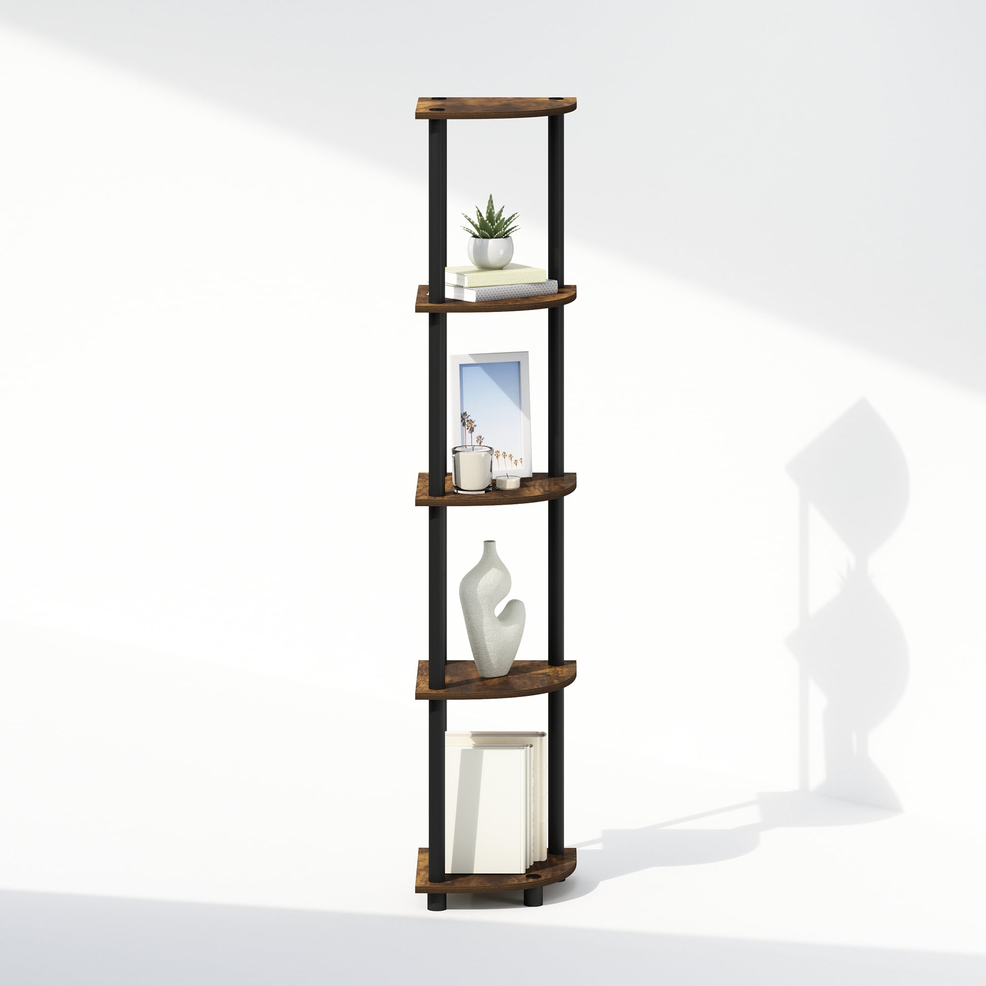 Furinno Turn-N-Tube 5 Tier Corner Display Bookcase, Particle Board Amber Pine/Black, 9 lb