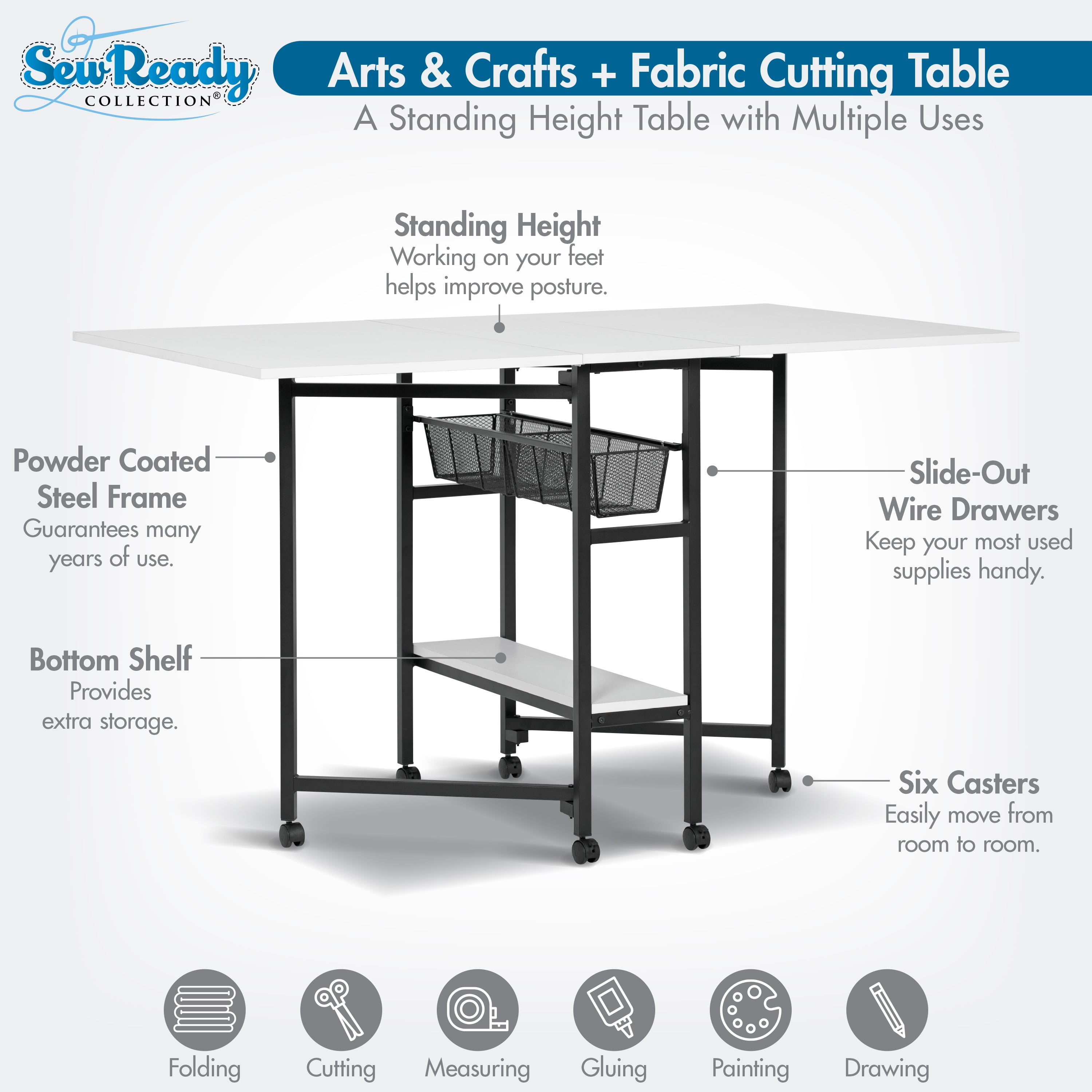 Sew Ready Metal Folding Rolling Cutting Craft Sewing Table with Storage 36 -inch High in Black and White