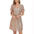 thumbnail image 4 of Daiosportswear Women'S V Neck Sequin Sparkly Short Sleeve Tunic Tshirt Dress Loose Glitter Cocktail Party Mini Dress,Women'S Short-Sleeved Dress Gold 10(XL), 4 of 7