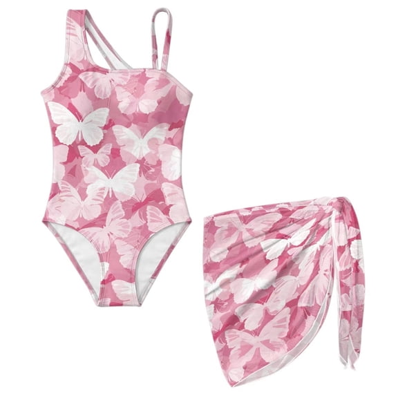 SEANATIVE Swimsuits for Teen Girls One Piece Bathing Suit See Through Short Skirt Cover Ups Cut Out Back Beachwear for Surfing Water Park, Size 7-8, Pink Butterfly