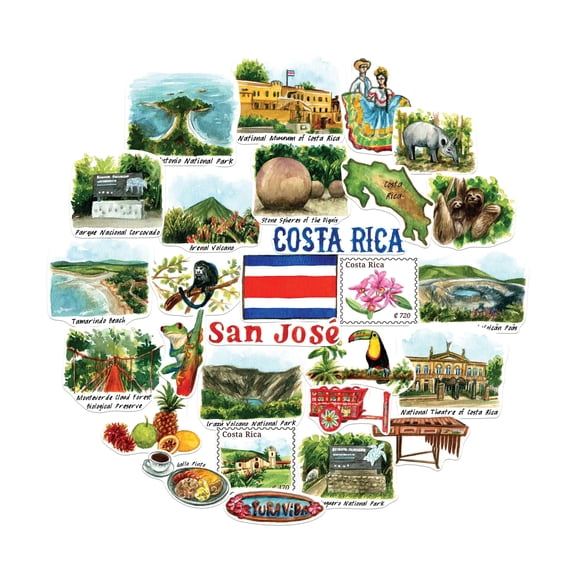 Navy Peony Coastal Costa Rica Travel Stickers (28pcs) - For Journals, Scrapbooks, Luggage