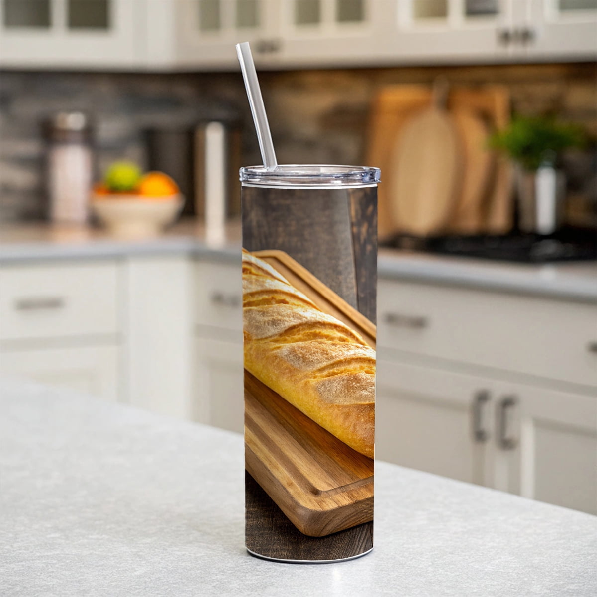 Baguette Bread Board 20oz Insulated Water Bottle Skinny Tumbler Includes Straw