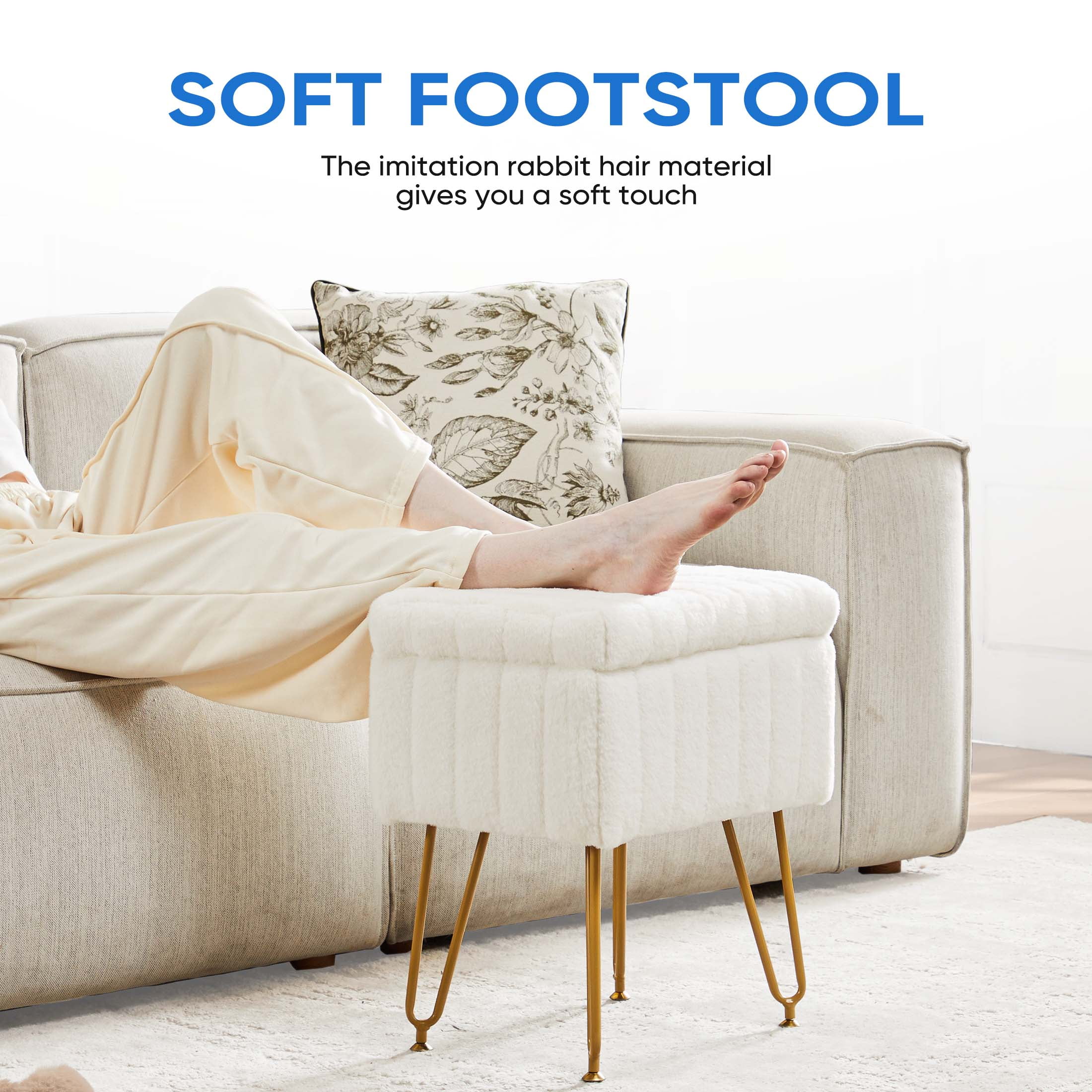 CONCETTA Vanity Stool Chair Faux Fur with Storage, Ottoman 4 Metal Legs with Anti-Slip Feet and Furry Padded Seat for Makeup, Bedroom, Entryway, White