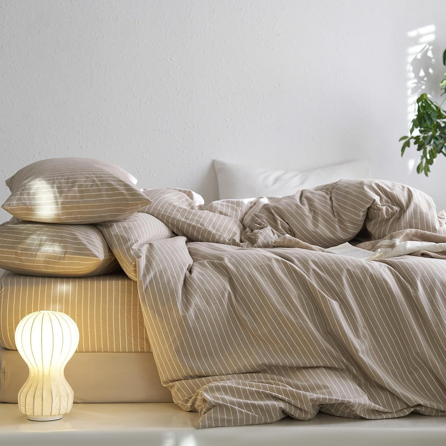 NAYOROOM 100% Cotton Duvet Cover King Set, 3-Piece Breathable Comforter Cover（Light Brown & White Striped）