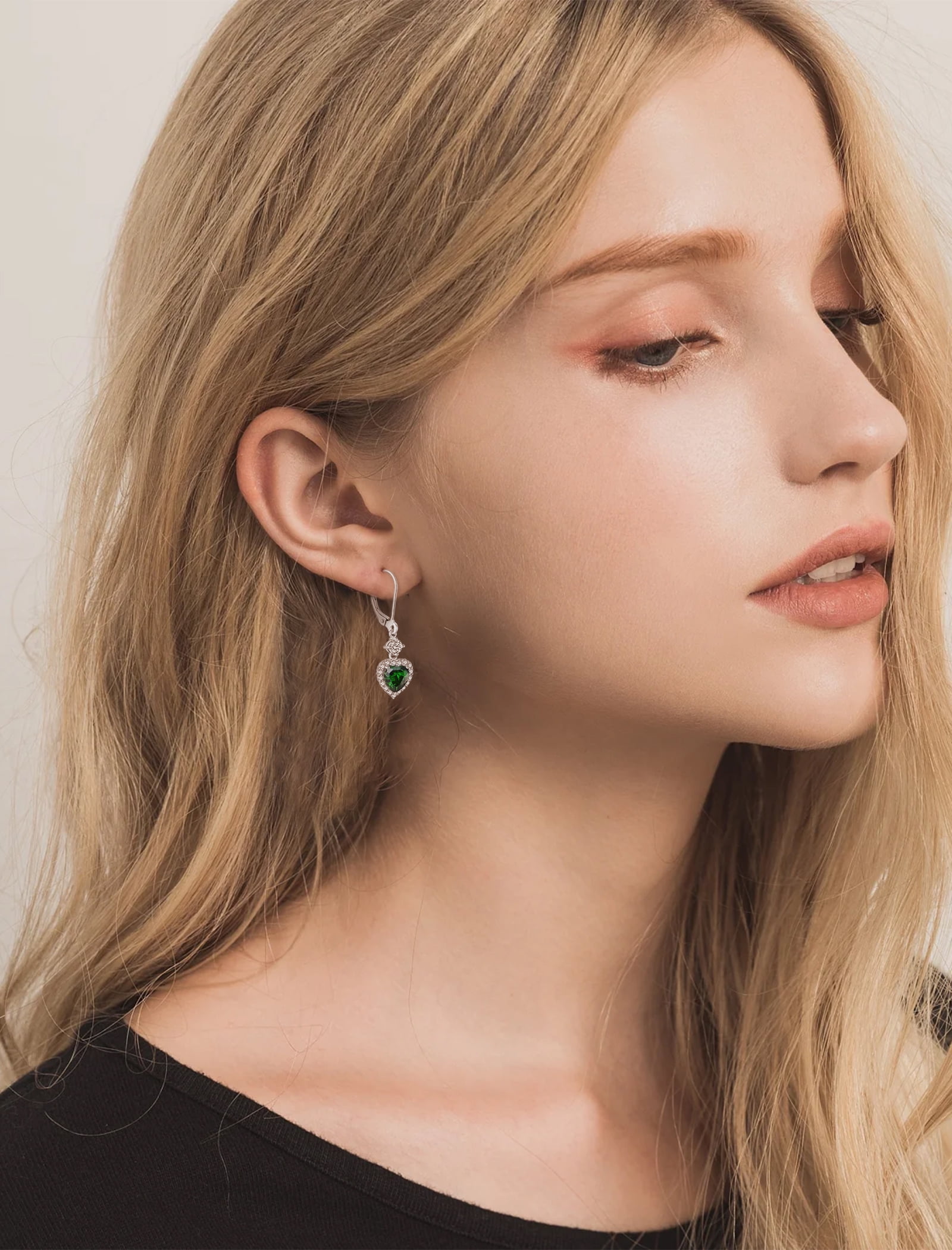 PYNZY 925 Sterling Silver Earrings with 7x7MM Heart Created Emerald Birthstones, Dangle Drop Earrings with Leverback for Women Jewelry Gifts