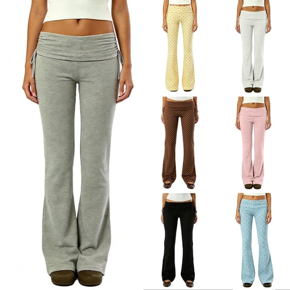 Inglocry Fold Over Lounge Pants for Women Y2K Low Rise Wide Leg Yoga Sweatpants Stretchy Foldover Pants Workout Bottoms Brown L
