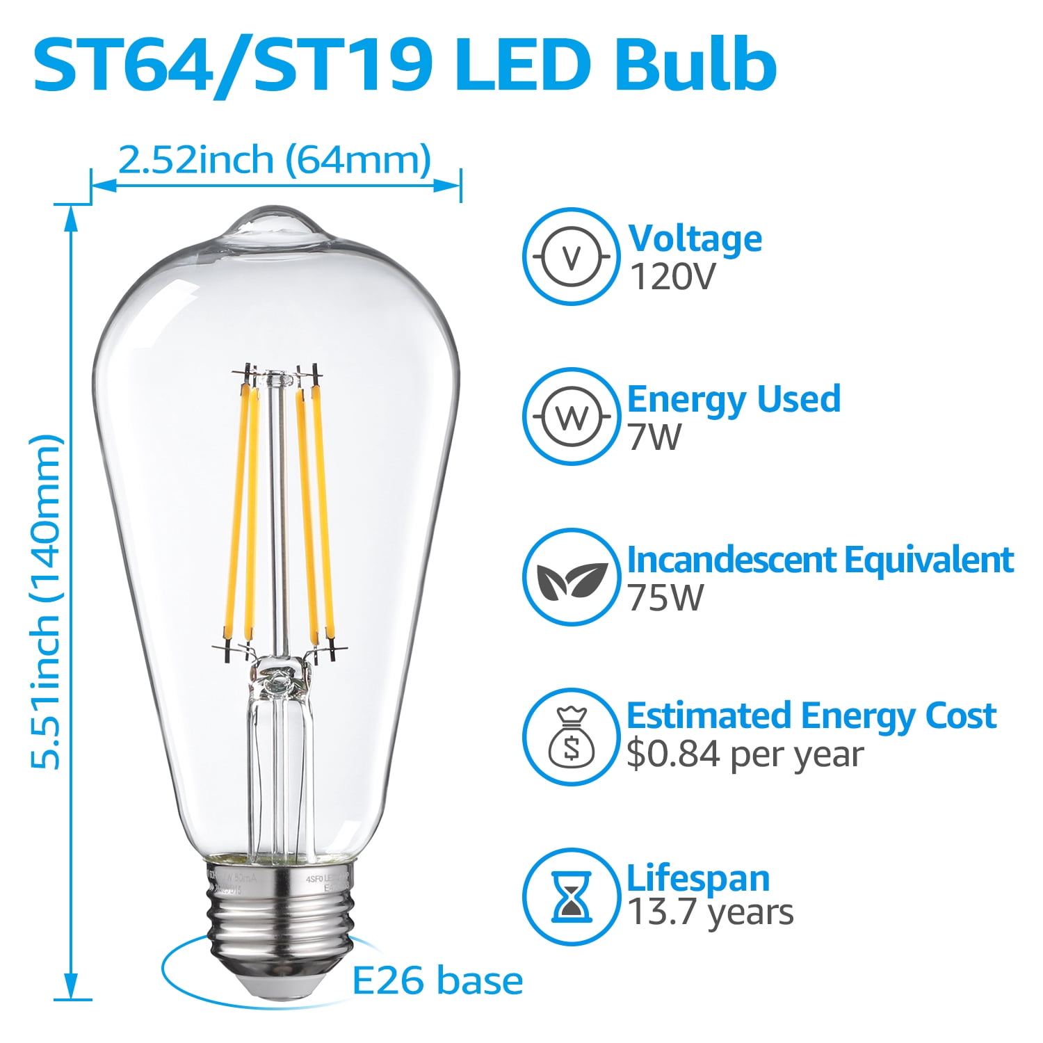 TORCHSTAR 12 Pack 75W Watt Equivalent ST64/ST19 LED Light Bulb, E26 Edison Base, Dimmable, 2700K Soft White