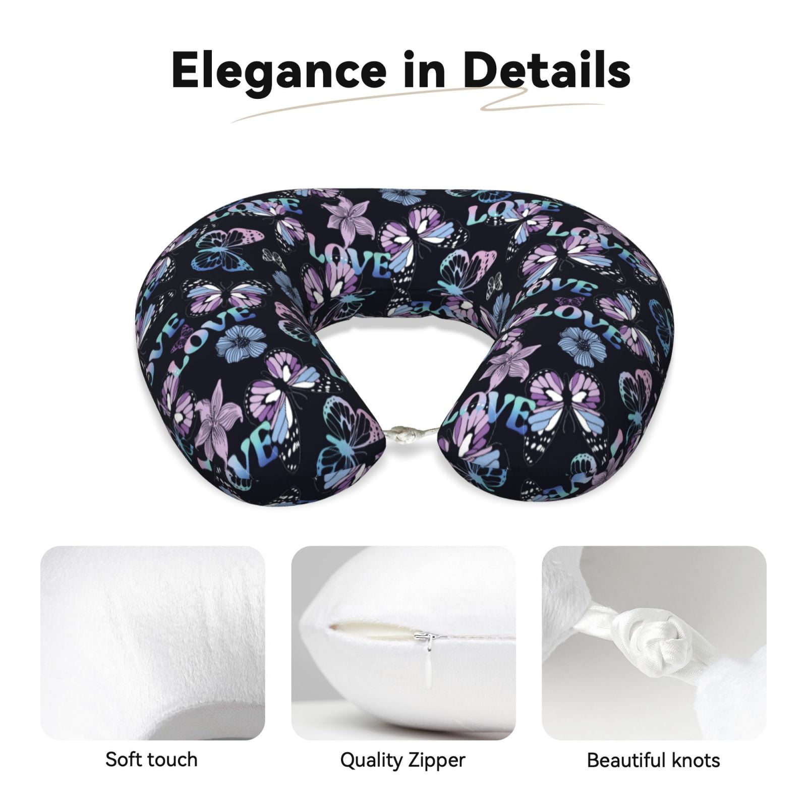 Xecao Love Butterflies Print Memory Foam Cervical Neck Pillow Versatile U-Shaped Pillows for Home,Office,Camping,Travelling,Soft Washable Cover