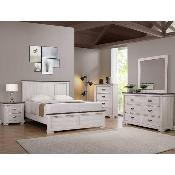 Contemporary 4pc Panel Full Size Bed Dresser Mirror Nightstand Bedroom Set Wooden Furniture Chalk Finish