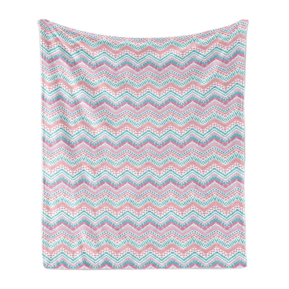 Geometric Soft Flannel Fleece Throw Blanket, Grungy Brush Stroked Dots Among Chevron Zigzag Striped Pattern, Cozy Plush for Indoor and Outdoor Use, 60" x 80", Pale Pink Aqua Pink, by Ambesonne