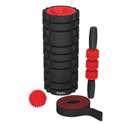 FitRx Recovery Fitness Set, Textured Foam Roller, Massage Stick, Ball, and Stretch Strap, Black / Red