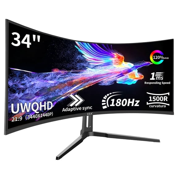 ZZA 34" Curved Ultrawide Gaming Monitor, WQHD 3440x1440 180Hz, 1500R VA Panel, AMD FreeSync Premium, HDR10, 99% sRGB, HDMI & DisplayPort, VESA Mount, for PC Desktop Laptop PS5 Home Office, Black