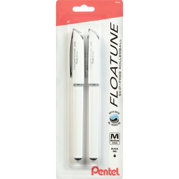 Pentel Floatune Skip-Free Rollerball Pen, 0.8mm Medium Line, Black Ink, 2 Pack
