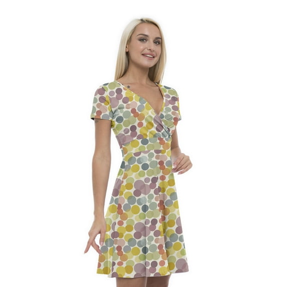 Women’s A Line Geometric Summer Dress, Retro Triangle Arrangement, Cross Wrap V Neck, 6 Sizes, by Ambesonne