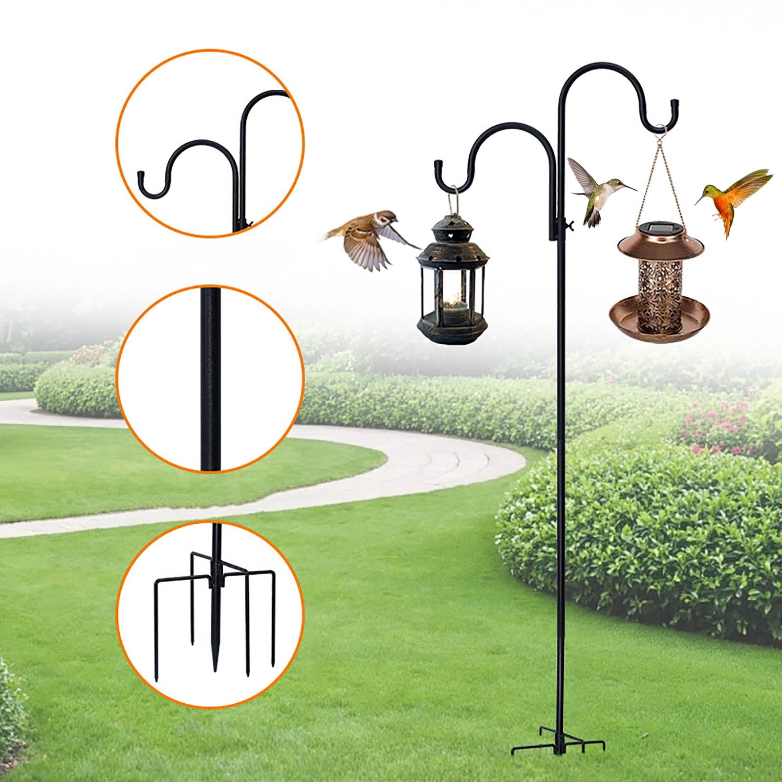 Hxlazmoo Outdoor Hummingbird Feeder Hanging Hook with Double Hooks & 5-Prong Base - Adjustable Garden Iron Bracket for Bird Houses, Planters, Lights (Assembly Required, 160×54cm)