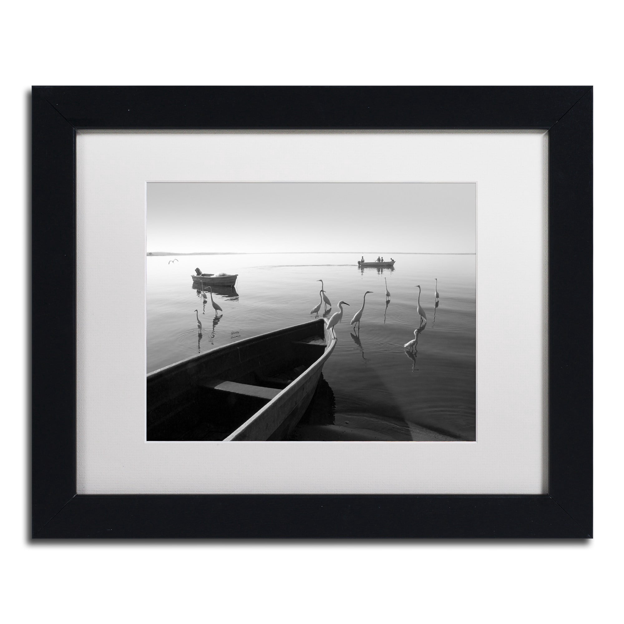Trademark Fine Art "Herons and 3 Boats" Canvas Art by Moises Levy White Matte, Black Frame