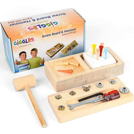 Montessori Toys Screwdriver Board & Hammer Peg Game - Preschool Materials Toys Toddlers Wooden Old Sensory Tools Kids Motor Skills Activity Educational Box Jumbo Waldorf 2 Packs of Clay Included