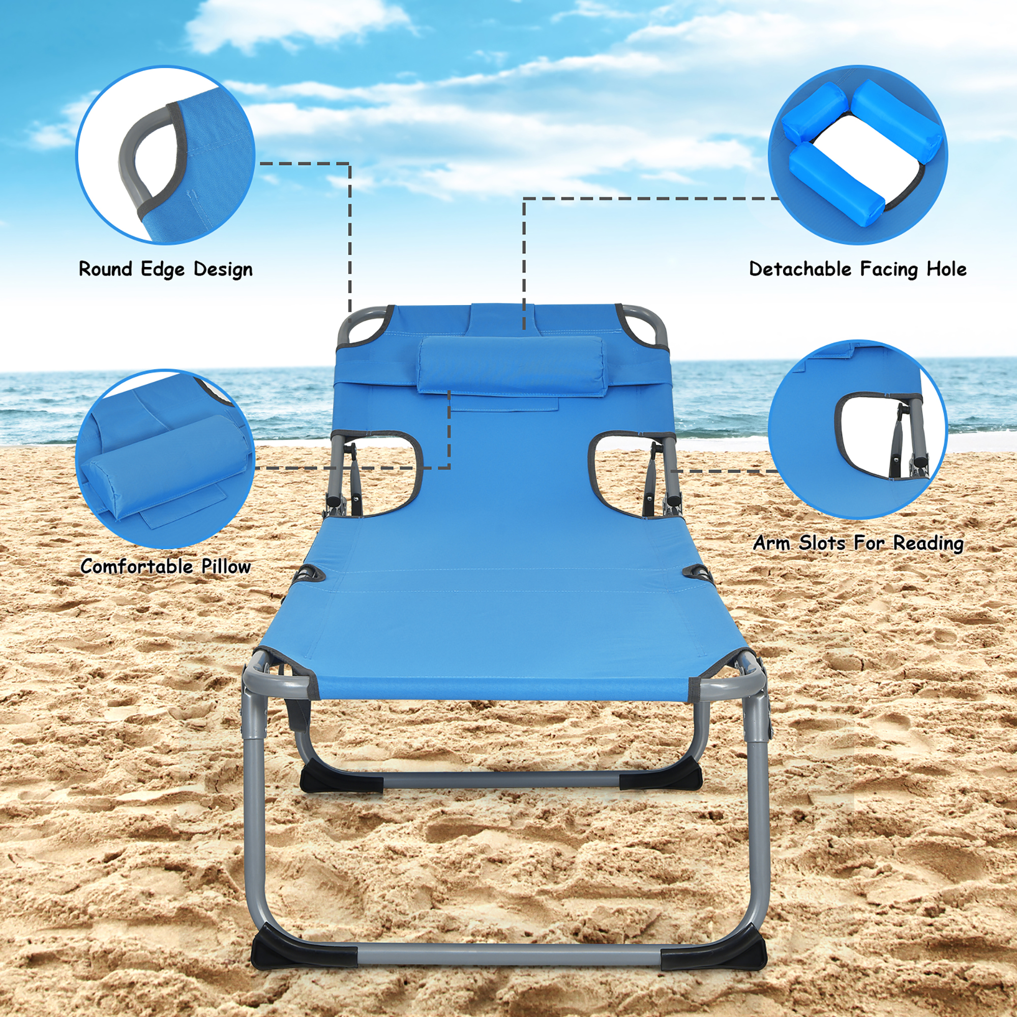 Goplus Outdoor Beach Lounge Chair Folding Chaise Lounge with Pillow Blue - image 3 of 8