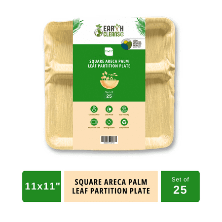 Earth Cleanse Areca Palm Leaf Square Partition Plates 11-Inch ,Pack of 25