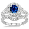 thumbnail image 2 of Art Deco 2.25 Carat Round Shape Blue Sapphire Antique Halo Bridal Set Moissanite Diamond Engagement Ring on 10k White Gold, 2 of 3