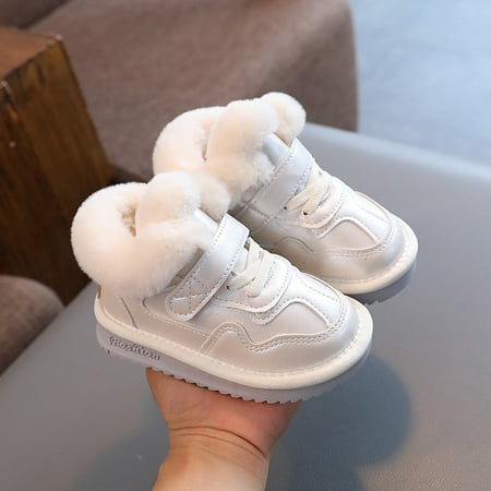 

2023 Winter Snow Boots for Girls PU Leather Plush Warm Cotton Shoes Anti-slippery Soft-soled Velvet Soft Winter Footwear for Kid (white 30 18CM)