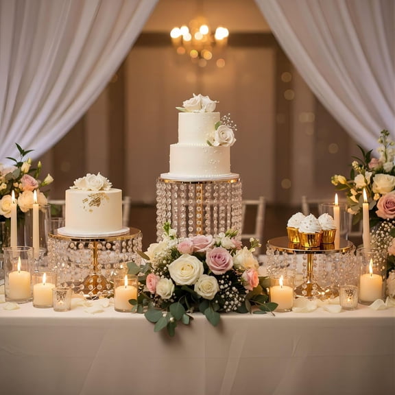 Gold Cake Stand Set of 3, Metal Mirror Pedestal with  Pendants for Wedding Party Dessert Display