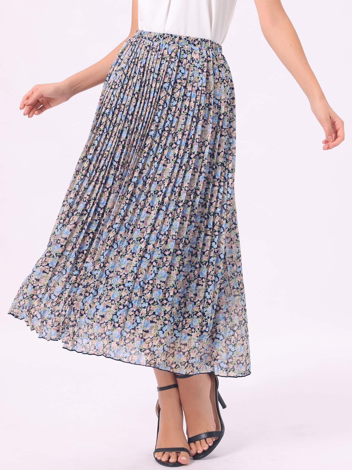 DARING DIVA Women's A-Line Elastic Boho Summer Floral Print Midi Skirts S Dark Blue