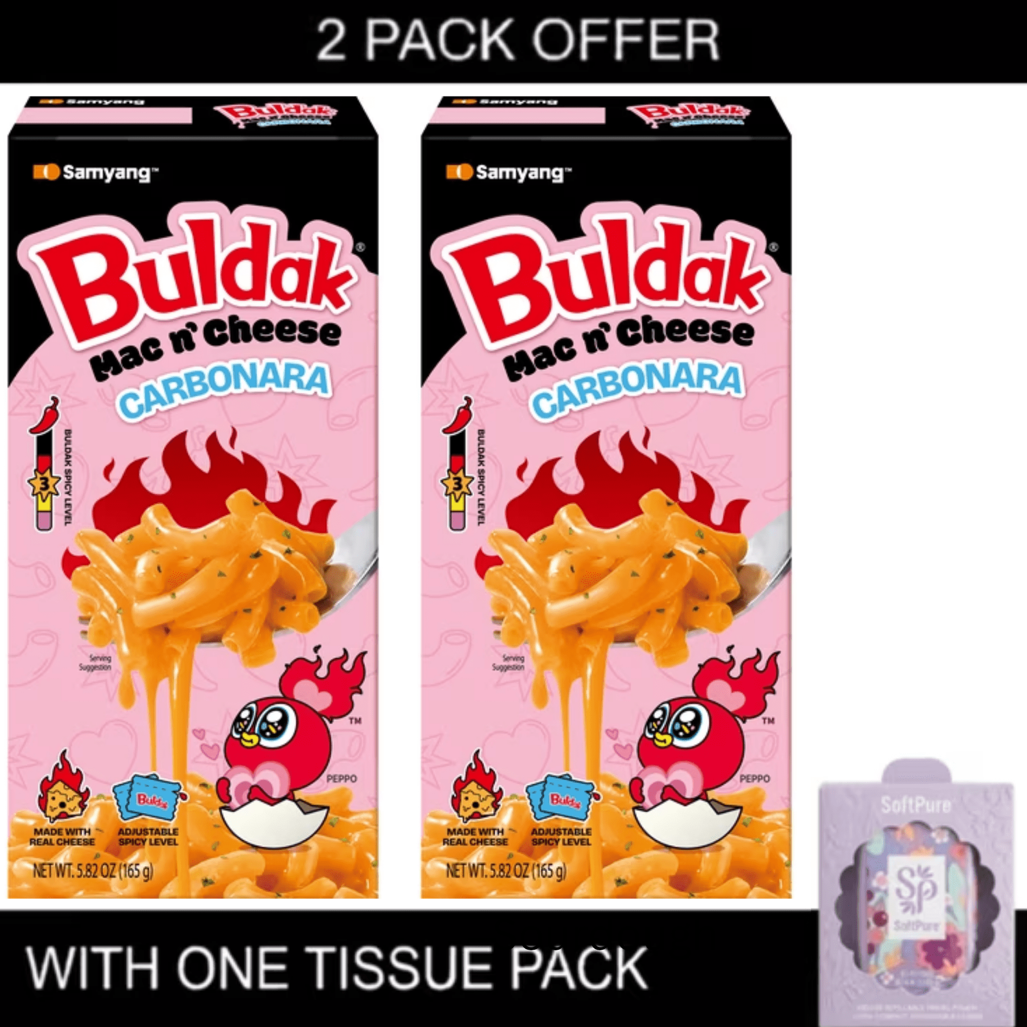 2x Samyang Buldak Carbonara Mac & Cheese, No Milk Required, 5.82 oz Box with tissue pack