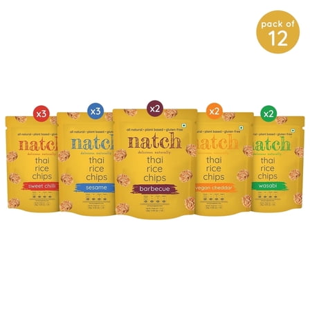 Natch - Thai Rice Chips - 12 Snack Packs Assorted, Sesame, Sweet Chilli, Wasabi, Vegan Cheddar, BBQ (25g each)