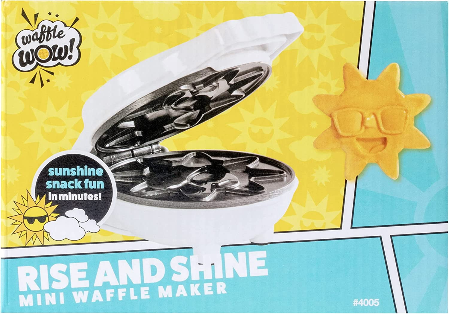 Waffle Wow Rise & Shine Mini Sun Waffle Maker - Personal-Sized 4" Sunshine Smile Individual Waffles for Kids, Adults- Cute Non-Stick Electric Waffler Iron- Morning Breakfast or Fun Gift