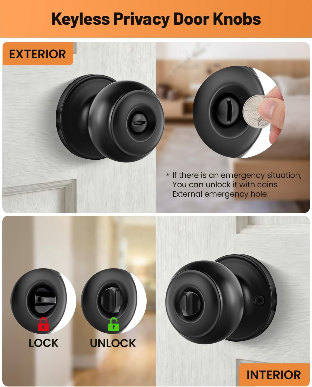 Brushed Nickel Door Knobs, 6 Pack Privacy Door Knobs Interior Door Knobs for Bedroom/Bathroom Keyless Doorknobs Interior/Exterior Lockset, Brushed Nickel Modern Design Door Hardware