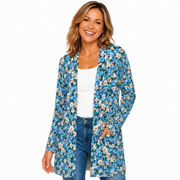 Women's Plus Size Blue Ditsy Floral Cardigan, Long Sleeve Open Front Tunic with Pockets
